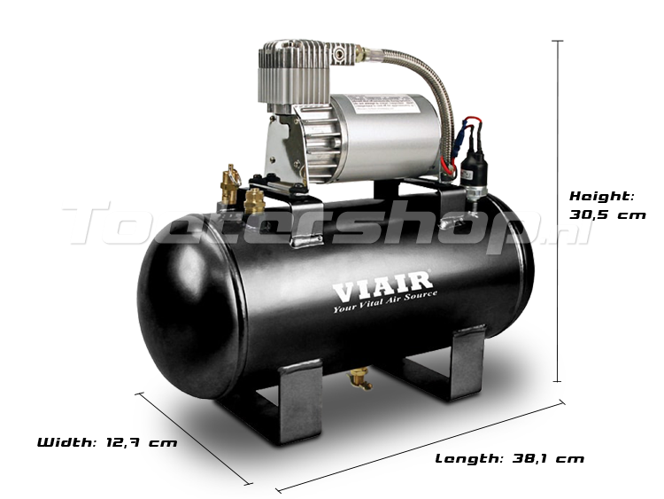 VIAIR 12 volt compressor and air tank set - ToeterShop - tourtoeter or tour horn, tour de france horn claxon, duketoeter, luchthoorn met melodie, koetoeter, bullhorn dukestoeter - Truck hoorn luchthoorn -